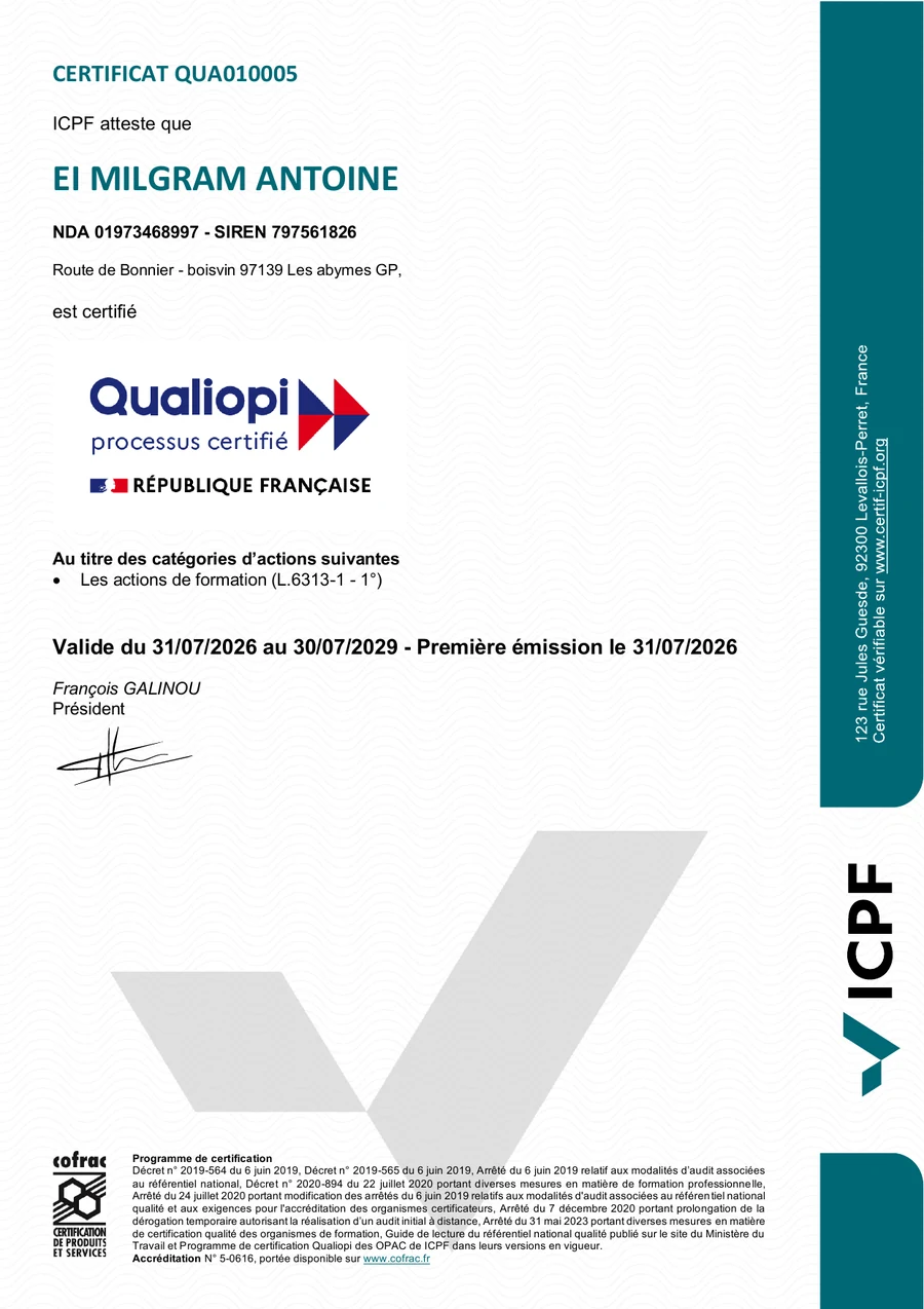 Certificat Qualiopi d'Antoine Milgram
